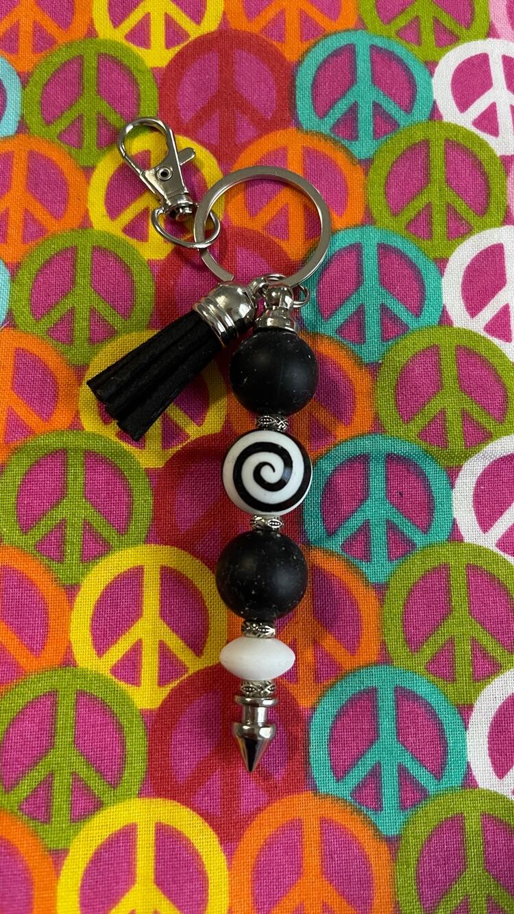 Black white spiral keychain Custom Handmade Bead Bar About 3" Long